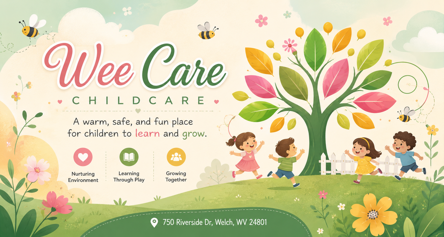 Illustrated WeeCare Childcare welcome scene with children and caregivers